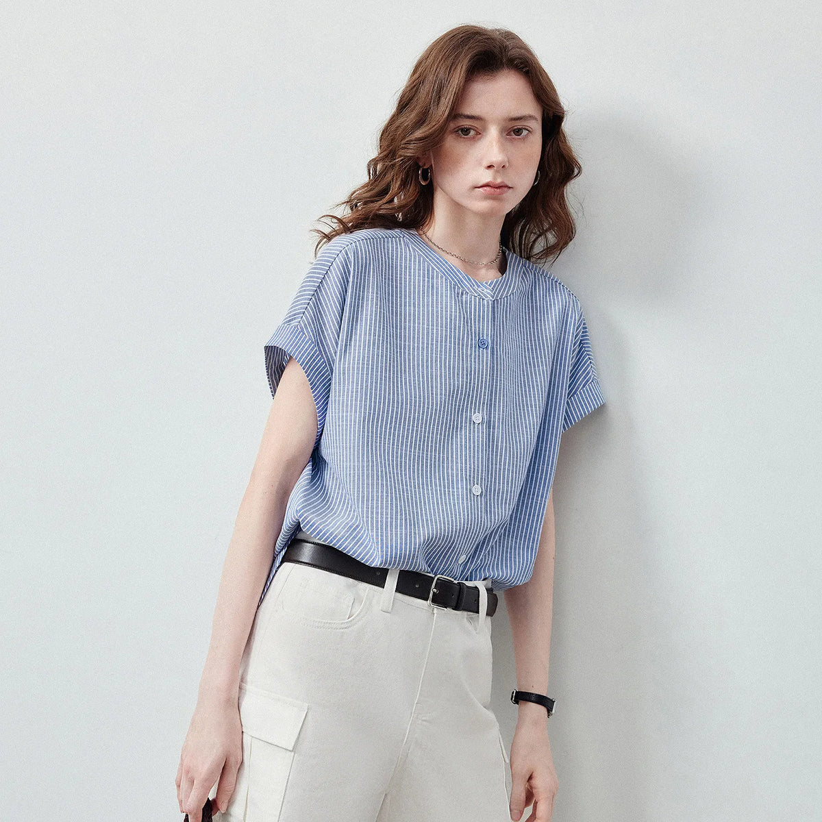 Striped Cap-Sleeve Button Shirt