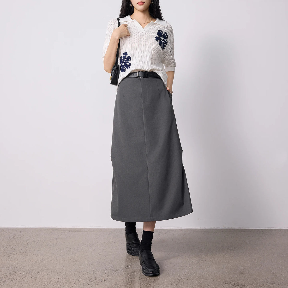 Paneled A-Line Midi Skirt