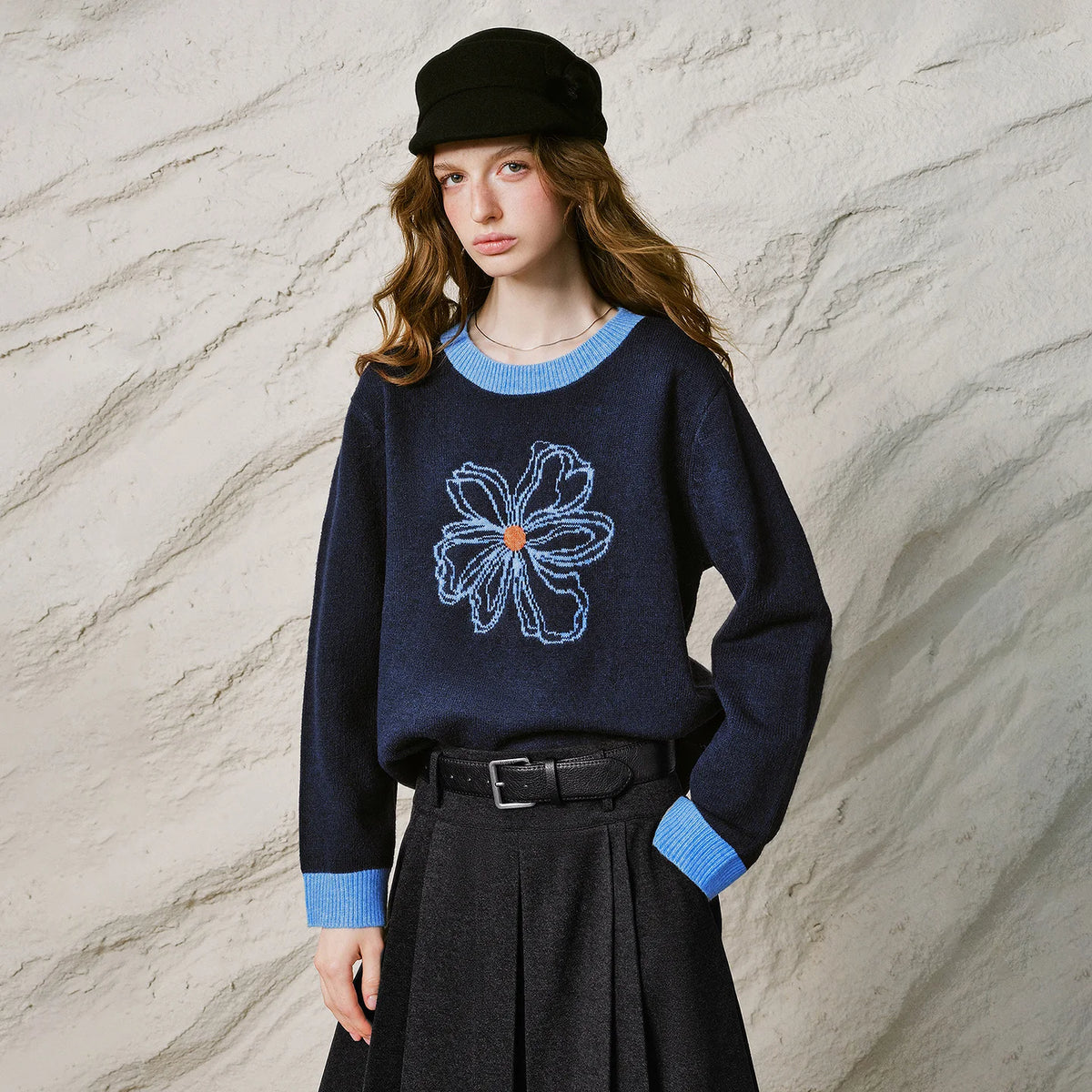 Floral Contrast-Trim Sweater