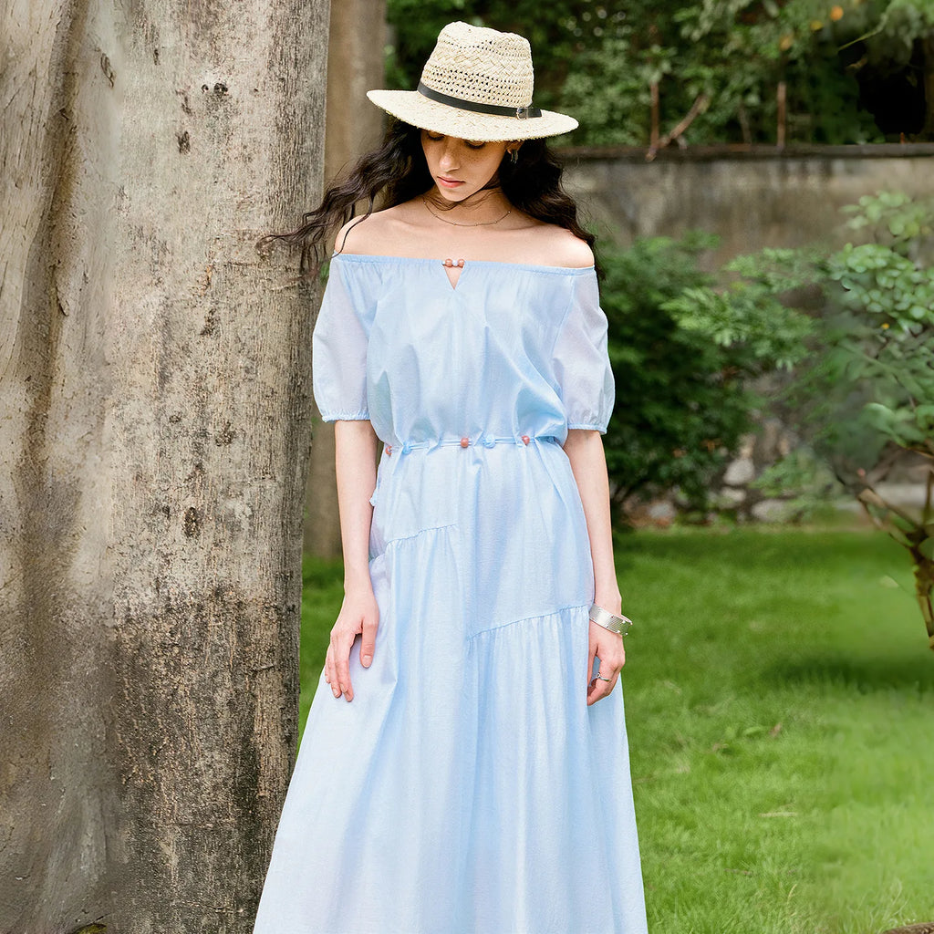 Off-Shoulder Gathered-Waist Midi Dress