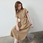 Belted Short-Sleeve Midi Shirt Dress