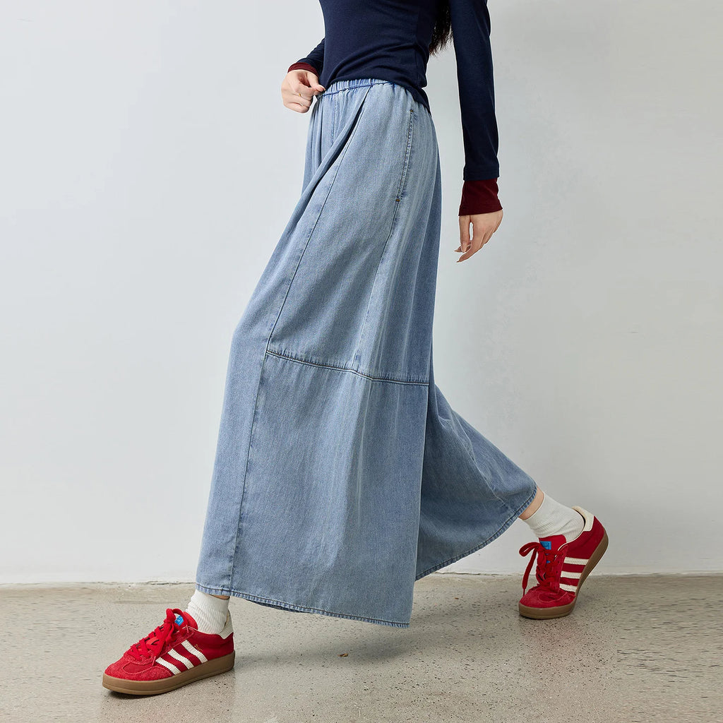 Elastic-Waist Cropped Wide-Leg Jeans