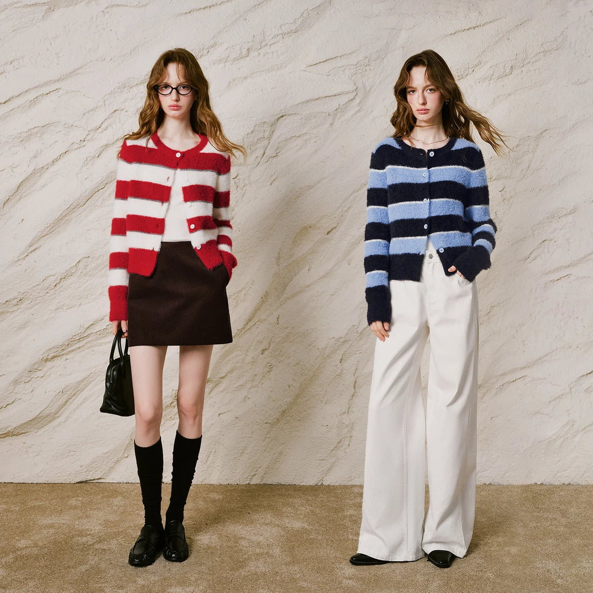 Striped Crewneck Knit Cardigan