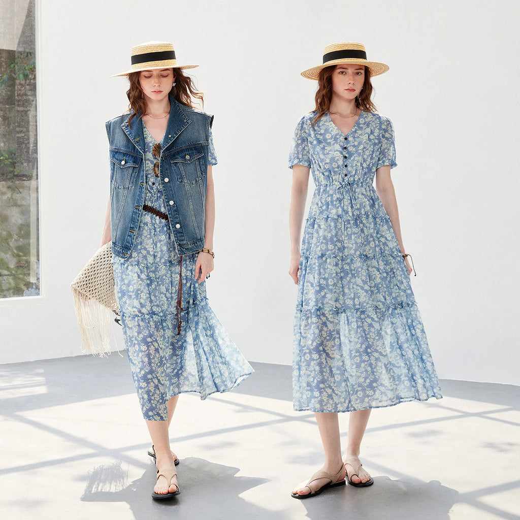 Floral Tiered V-Neck Midi Dress