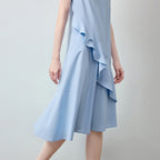 Asymmetric-Ruffle Sleeveless Midi Dress