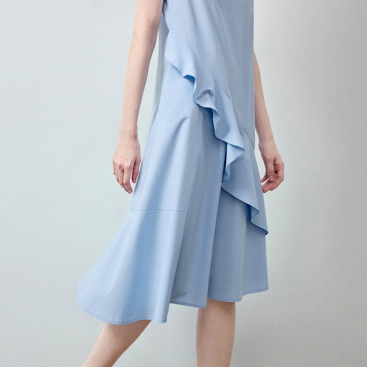 Asymmetric-Ruffle Sleeveless Midi Dress