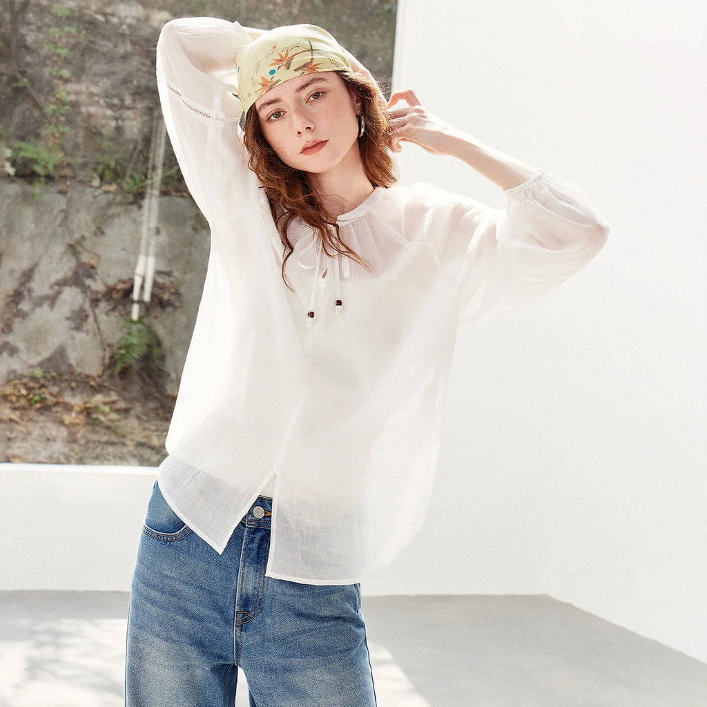 Tie-Neck Sheer Blouse