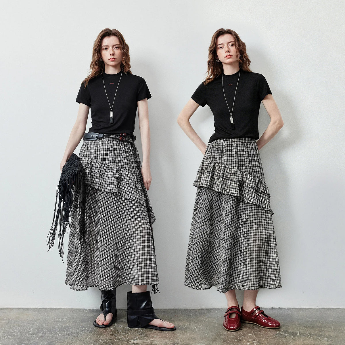 Gingham Tiered-Ruffle Midi Skirt