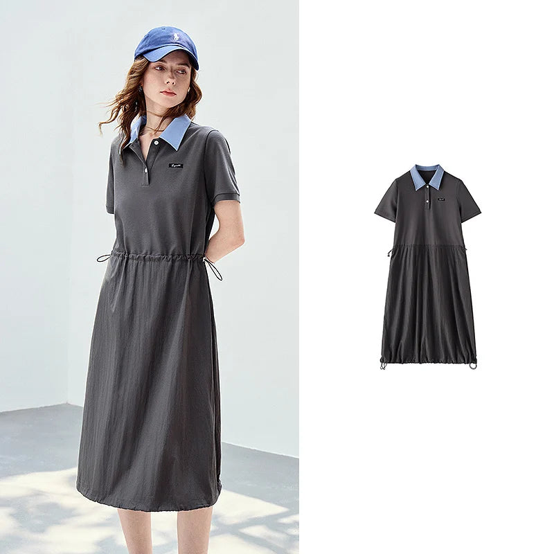 Contrast-Collar Drawstring Midi Dress