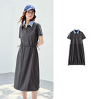 Contrast-Collar Drawstring Midi Dress