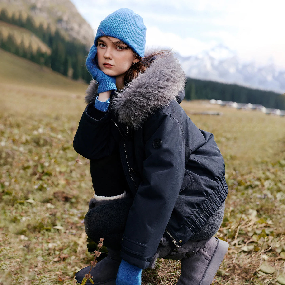 Shaggy-Trim Hooded Toggle Jacket