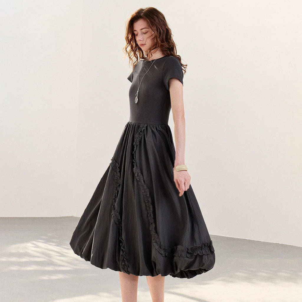 Short-Sleeve Balloon-Hem Midi Dress