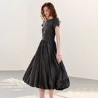 Short-Sleeve Balloon-Hem Midi Dress