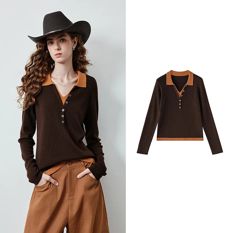 Contrast-Collar Long-Sleeve Knit Polo