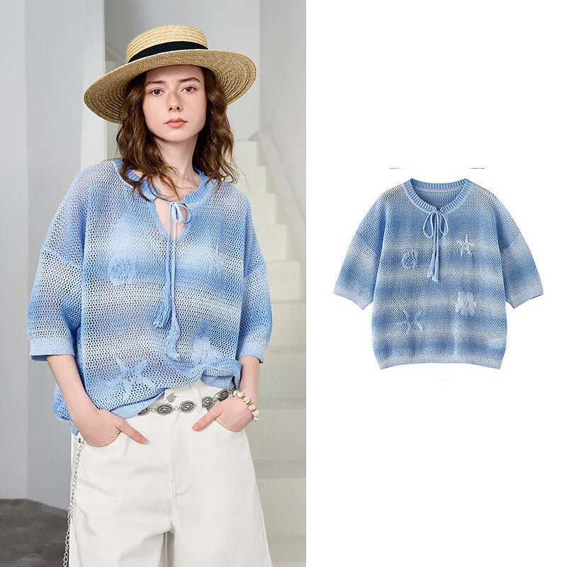 Tie-Neck Open-Knit Top