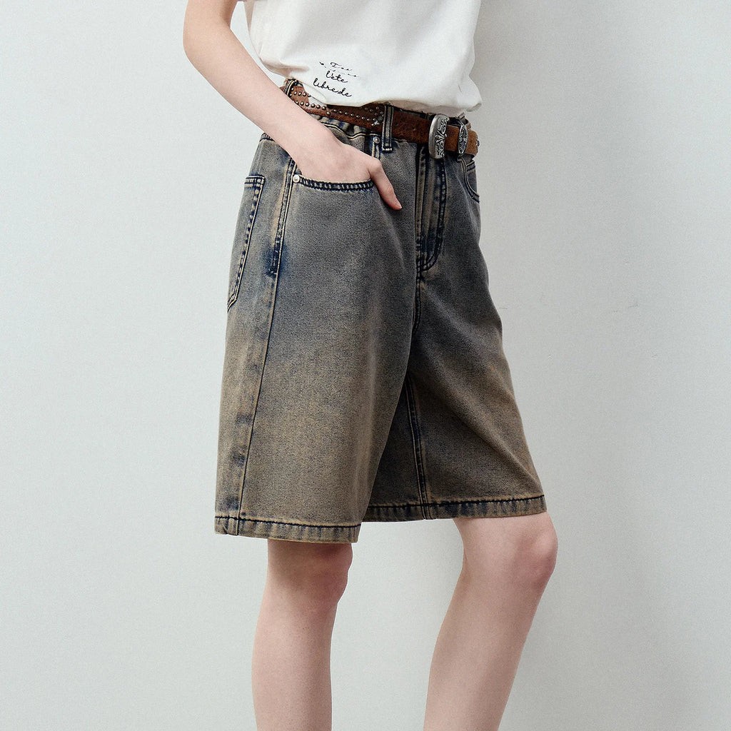 Wide-Leg Denim Bermuda Shorts