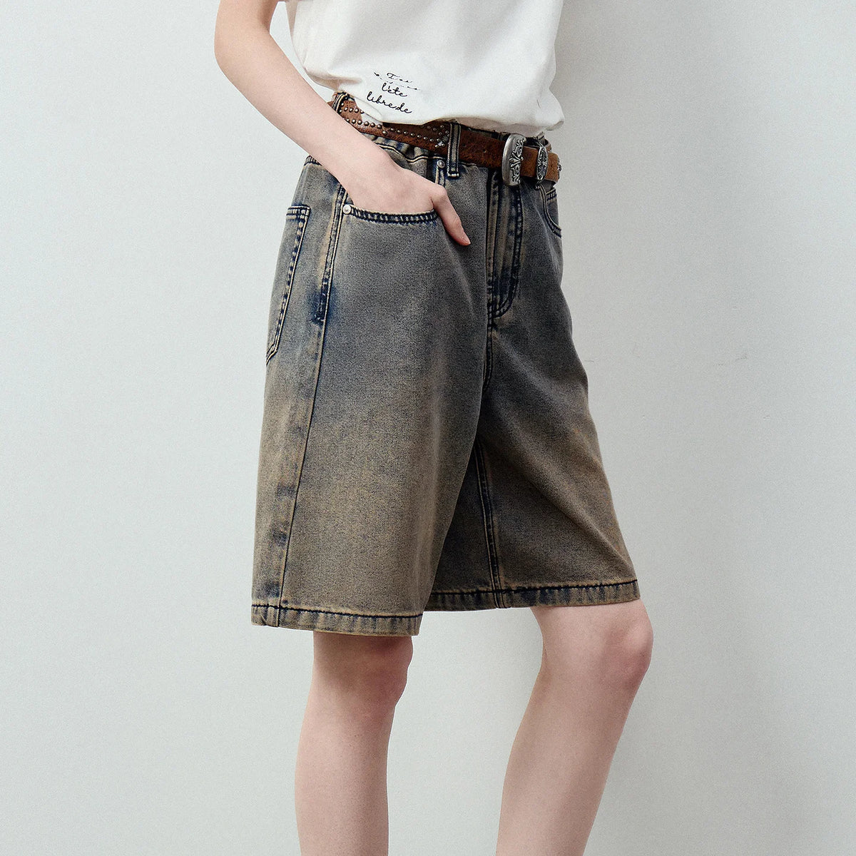 Wide-Leg Denim Bermuda Shorts