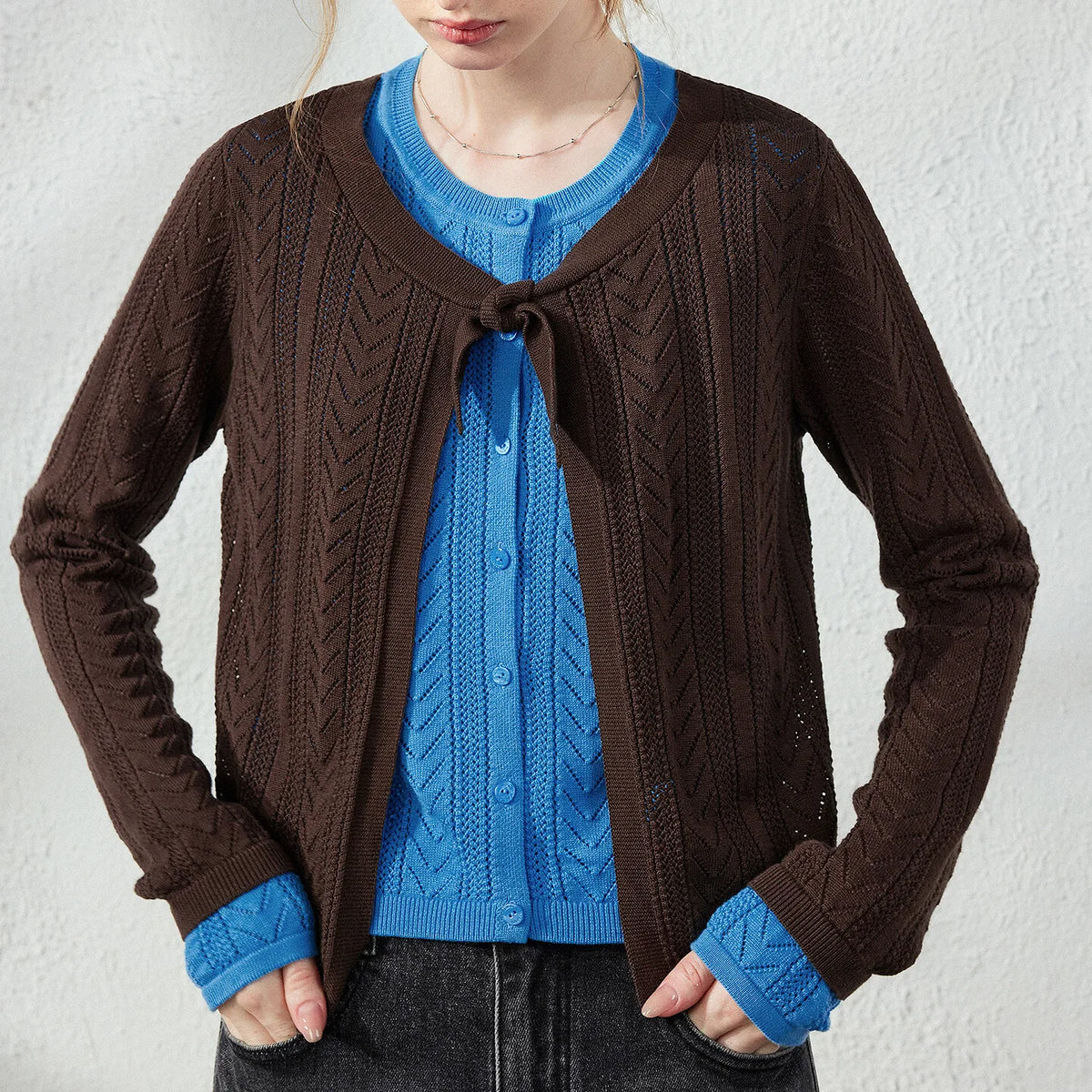 Layered-Look Tie-Front Knit Cardigan