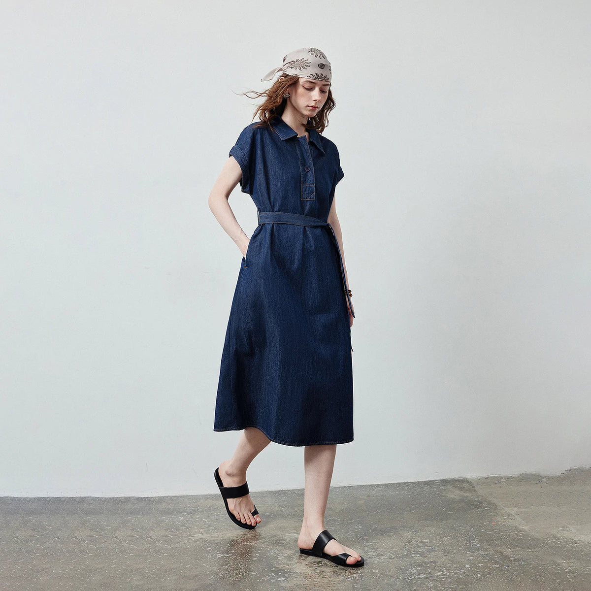 Belted Denim Midi Shirt Dress