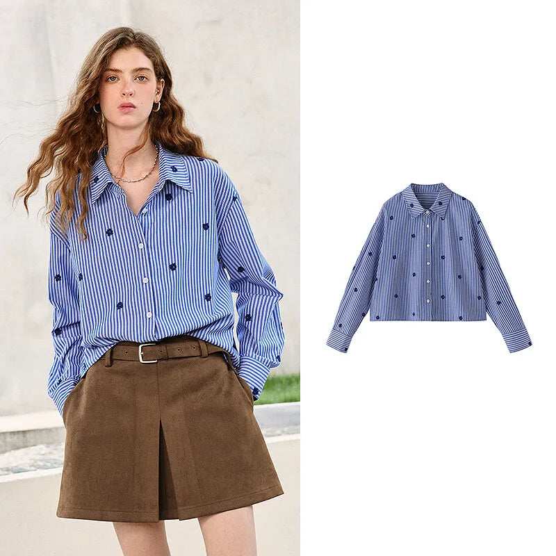 Floral-Motif Striped Button-Front Shirt