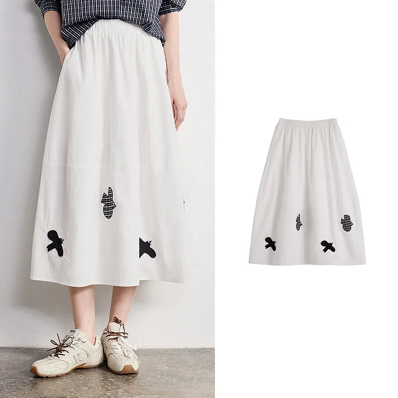 Bird-Motif A-Line Midi Skirt