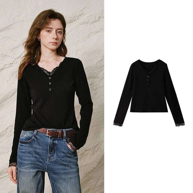 Layered-Look Lace-Trim Henley Top