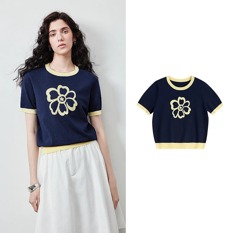 Flower-Motif Contrast-Trim Knit Tee