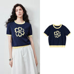 Flower-Motif Contrast-Trim Knit Tee
