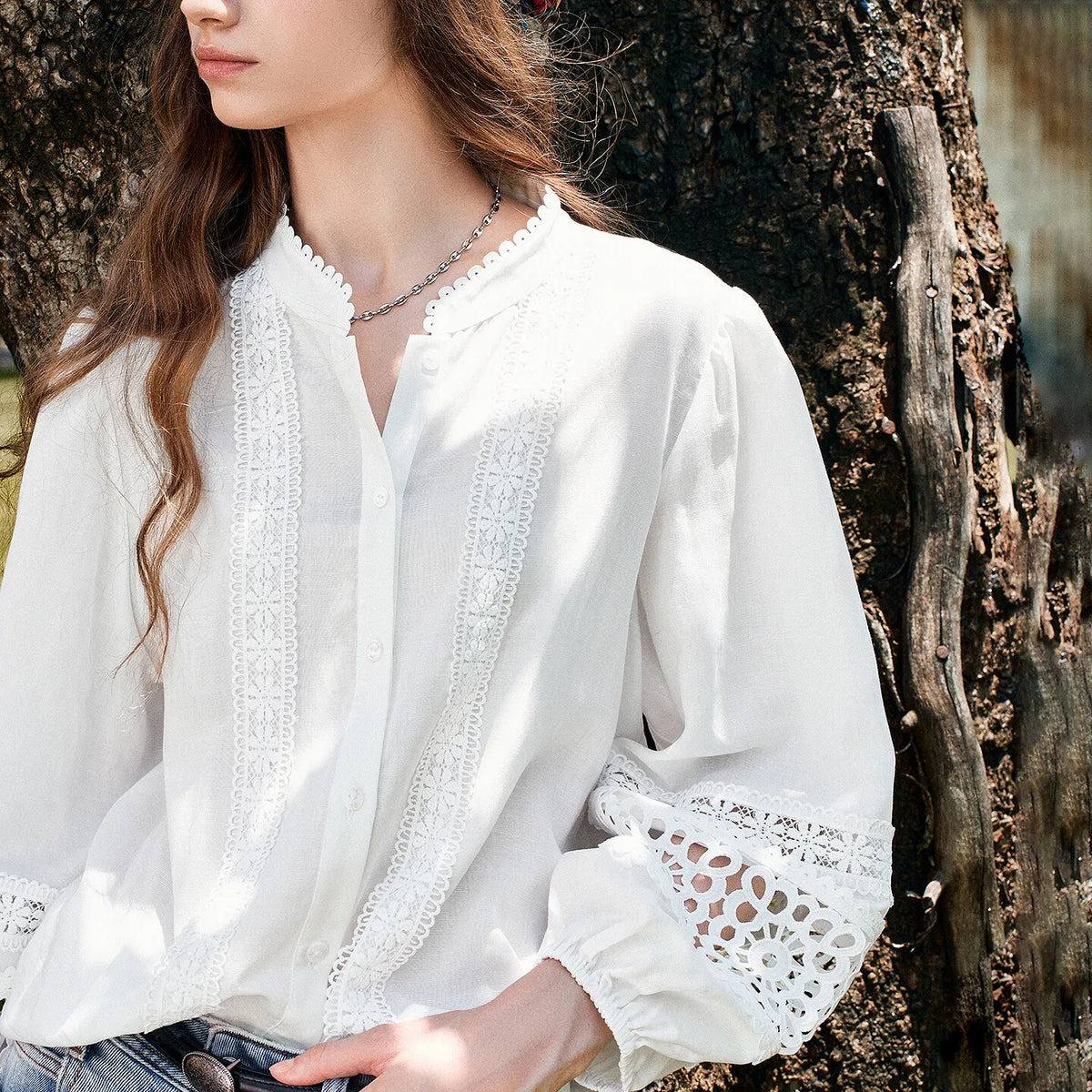 Lace-Trim Balloon-Sleeve Blouse
