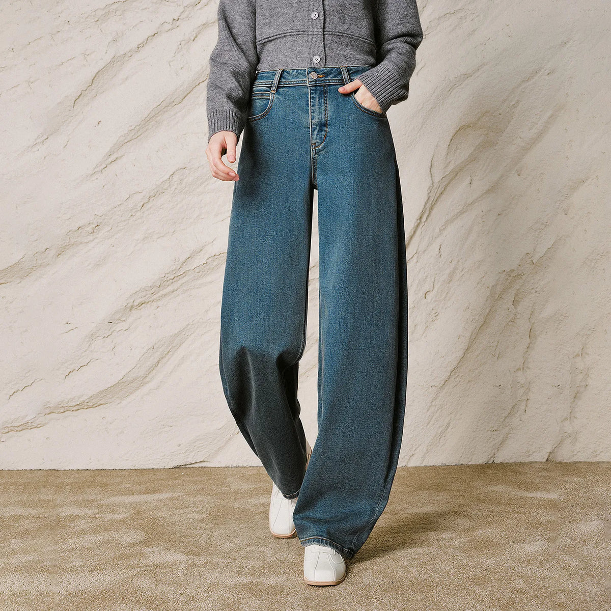 Curved-Leg Washed Jeans
