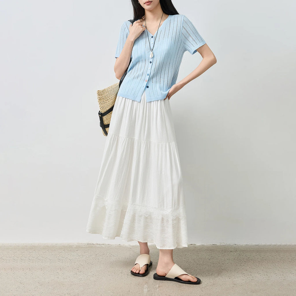Lace-Trim Gathered Midi Skirt