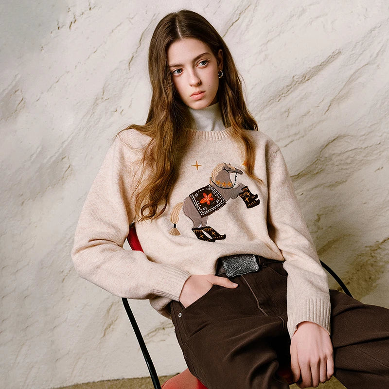 Horse-Motif Crewneck Sweater