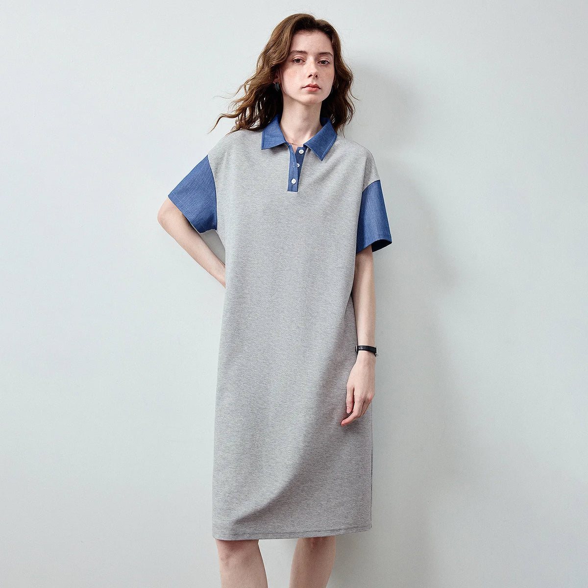 Contrast-Collar Polo Midi Dress