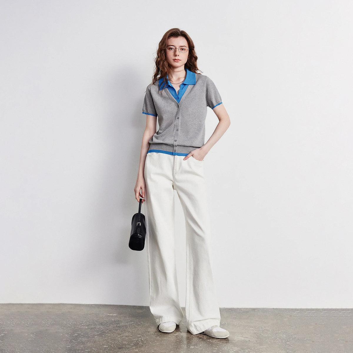 Contrast-Collar Short-Sleeve Cardigan