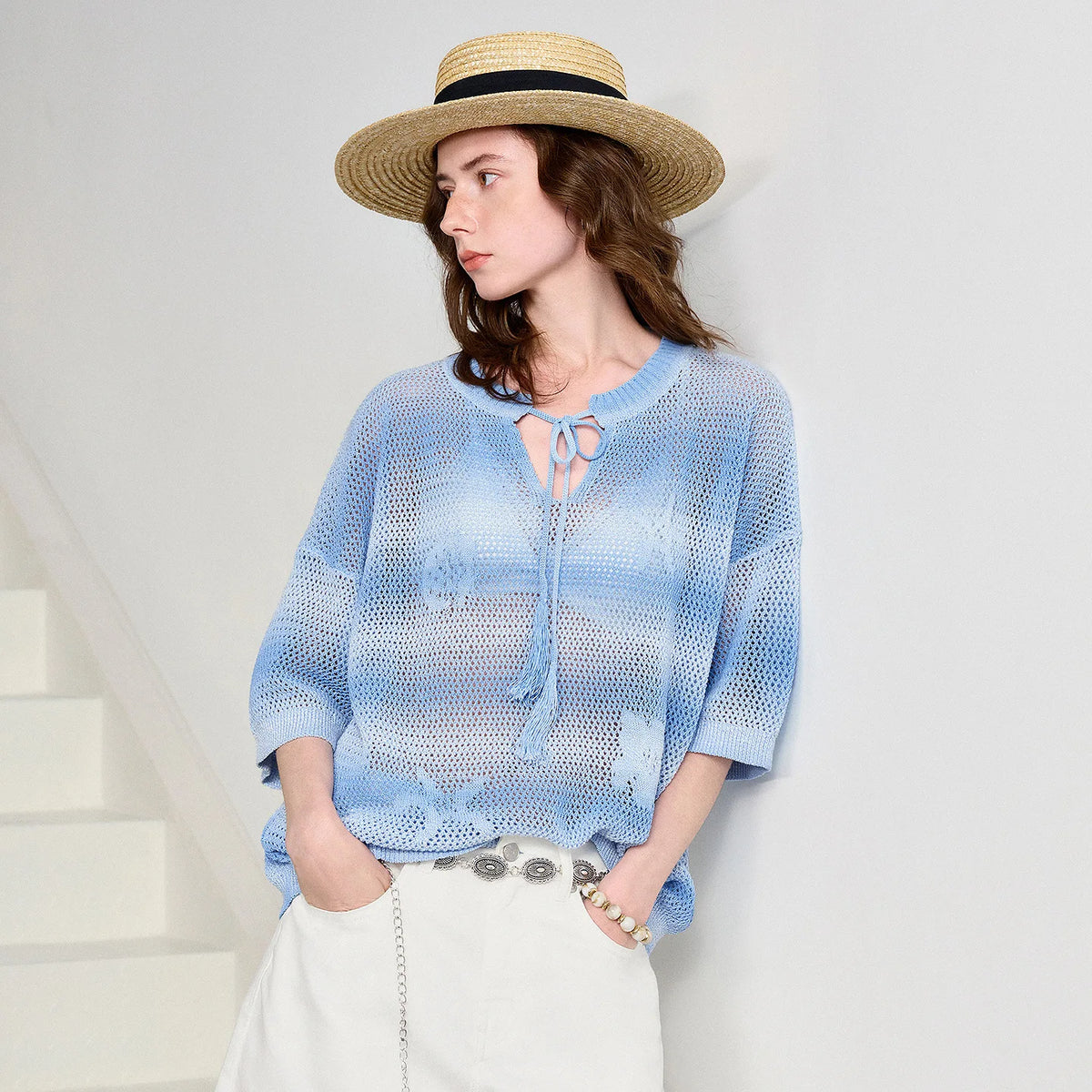 Tie-Neck Open-Knit Top