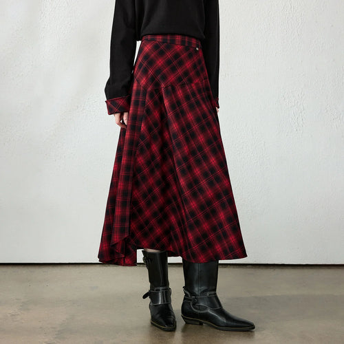 Asymmetric Plaid Midi Skirt