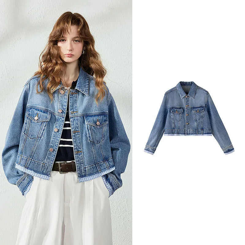 Contrast-Trim Cropped Denim Jacket