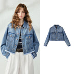Contrast-Trim Cropped Denim Jacket