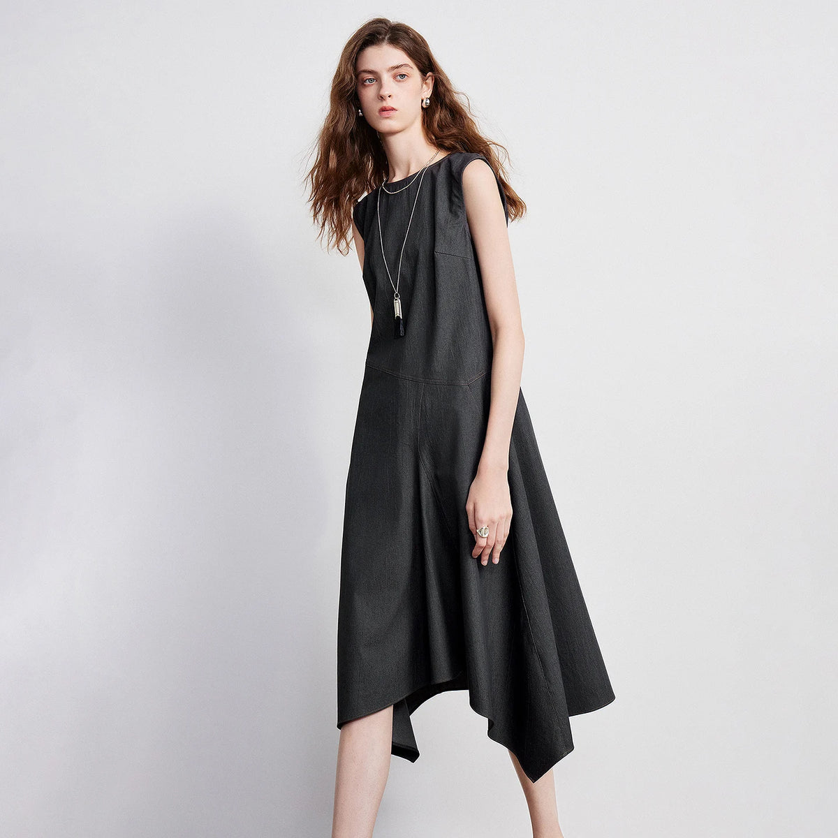 Asymmetric-Hem Sleeveless Dress