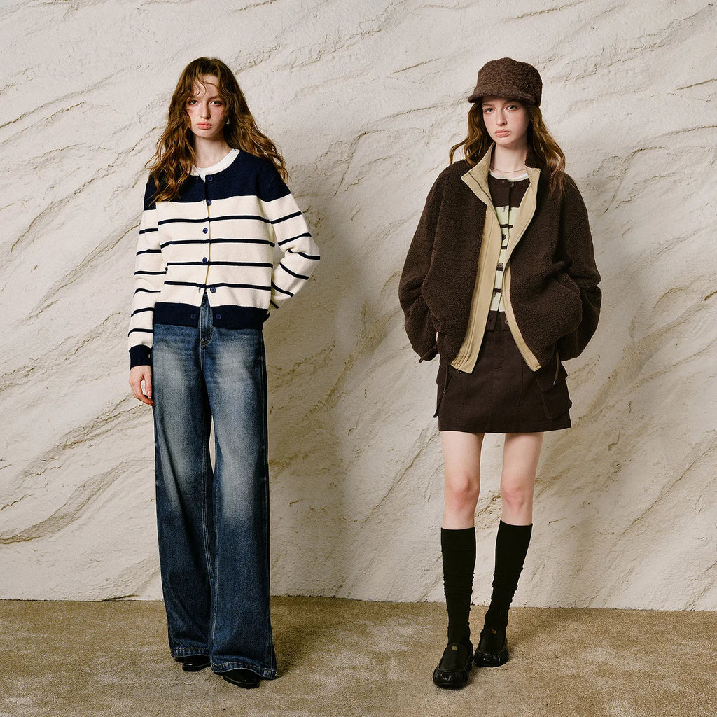 Contrast-Stripe Crewneck Cardigan