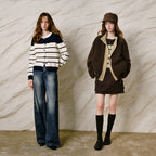 Contrast-Stripe Crewneck Cardigan