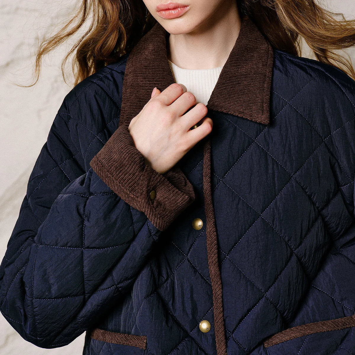 Diamond-Quilted Contrast-Collar Jacket
