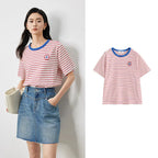 Striped Contrast-Neck Crewneck Tee