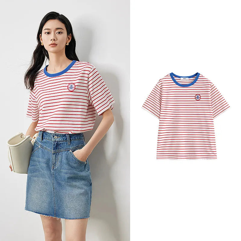 Striped Contrast-Neck Crewneck Tee