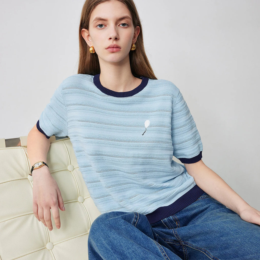 Contrast-Trim Textured Knit Tee