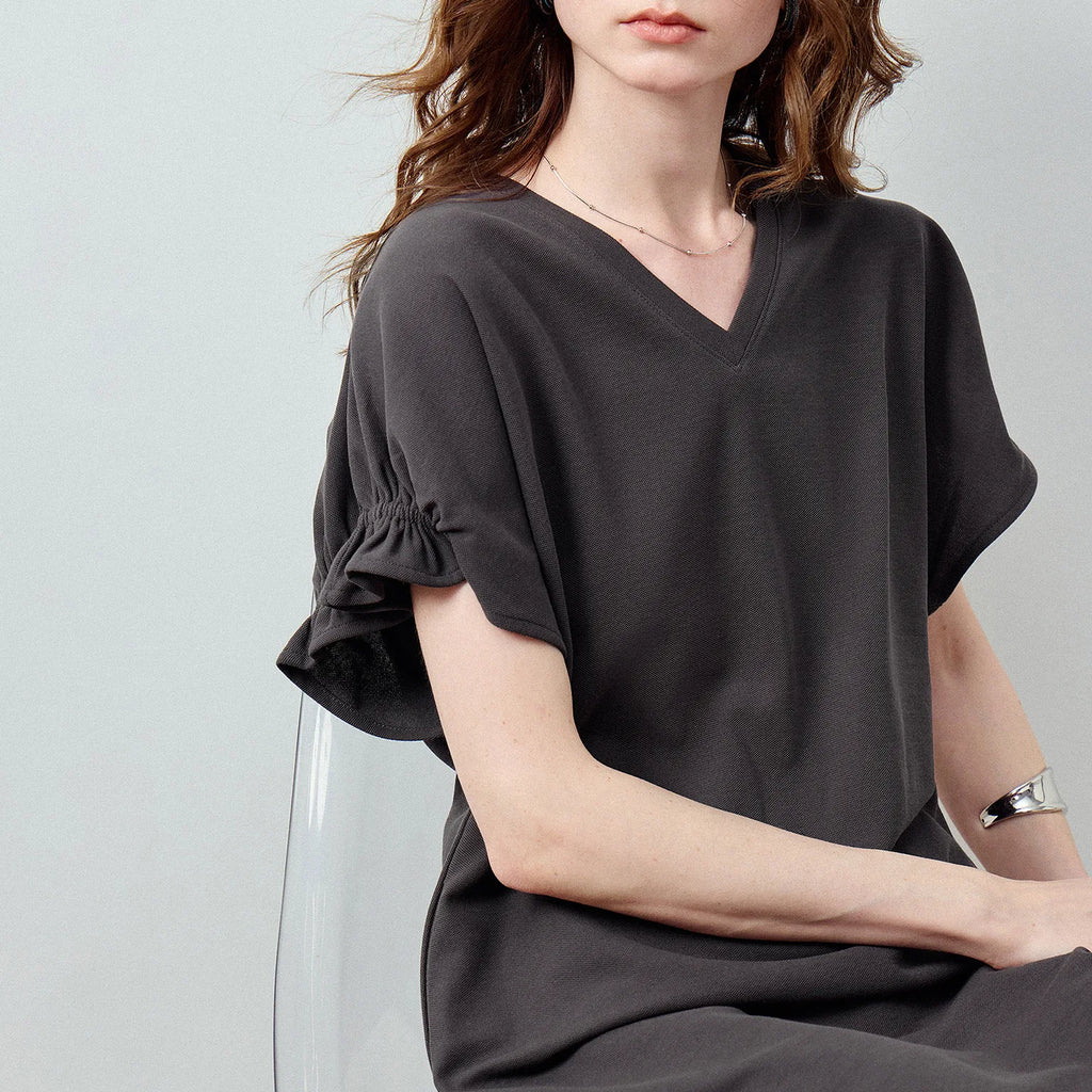 V-Neck Ruffle-Sleeve Shift Dress