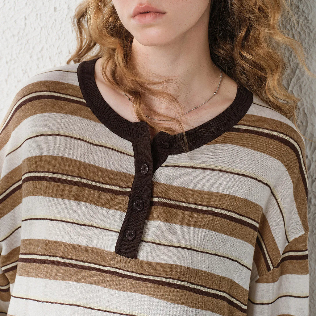 Striped Long-Sleeve Knit Henley