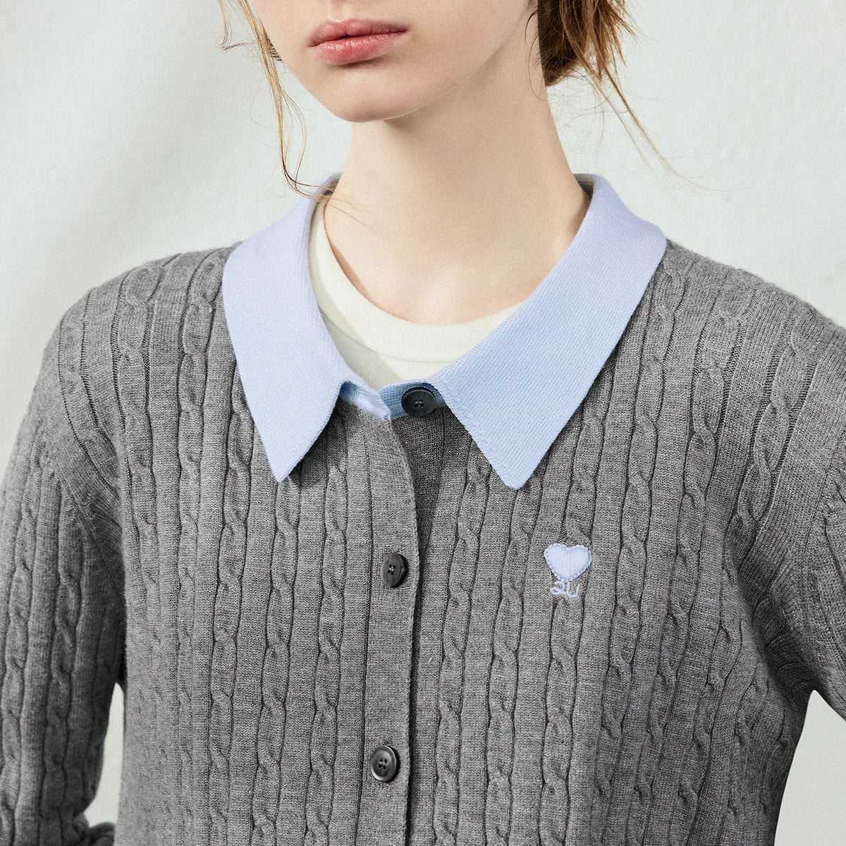 Contrast-Collar Cable Knit Cardigan