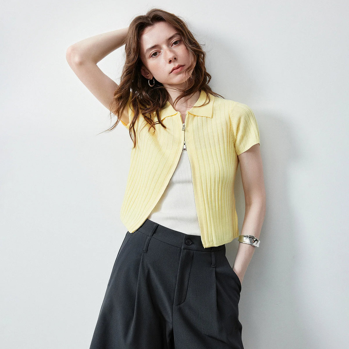 Ribbed Zip-Front Knit Shirt