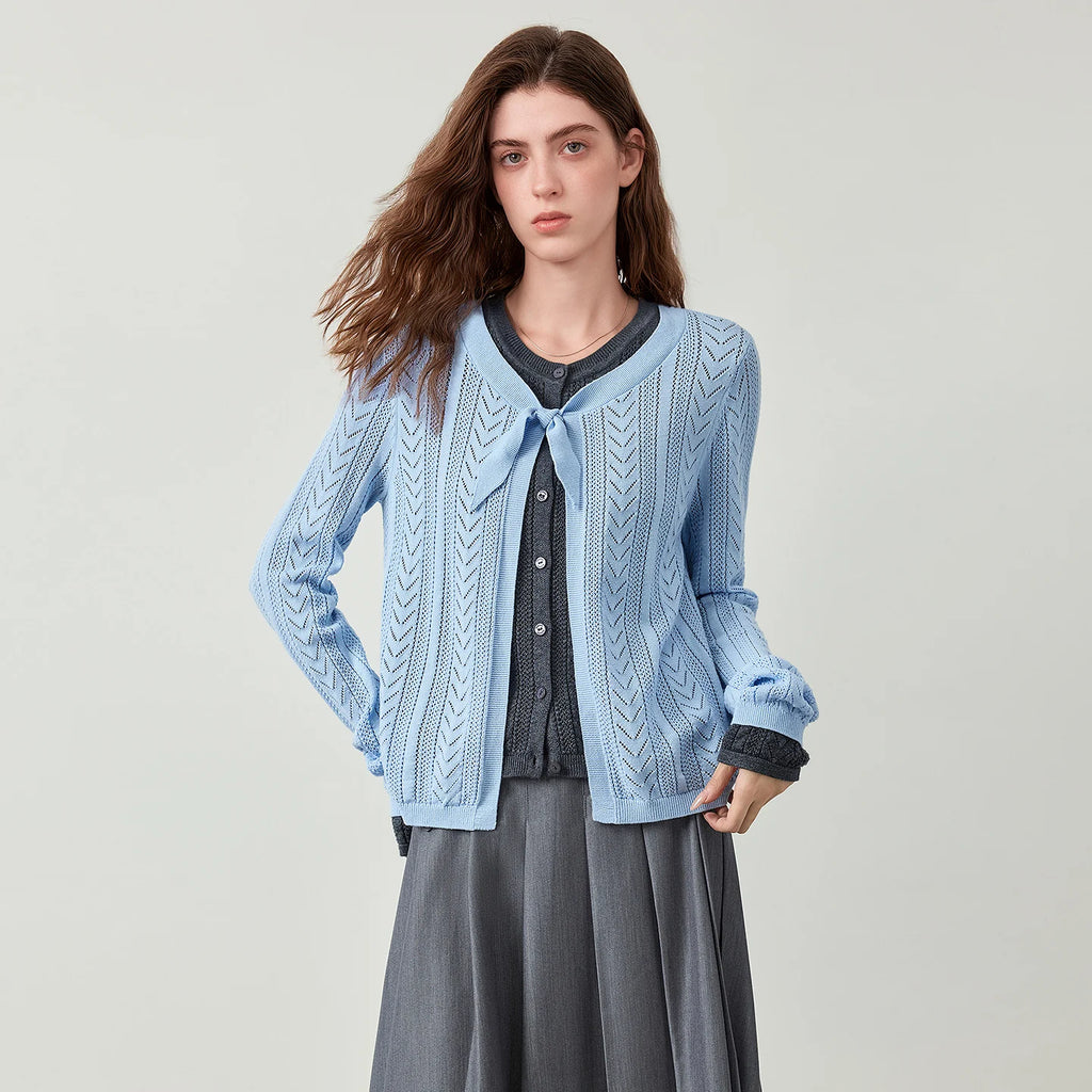 Layered-Look Tie-Front Knit Cardigan